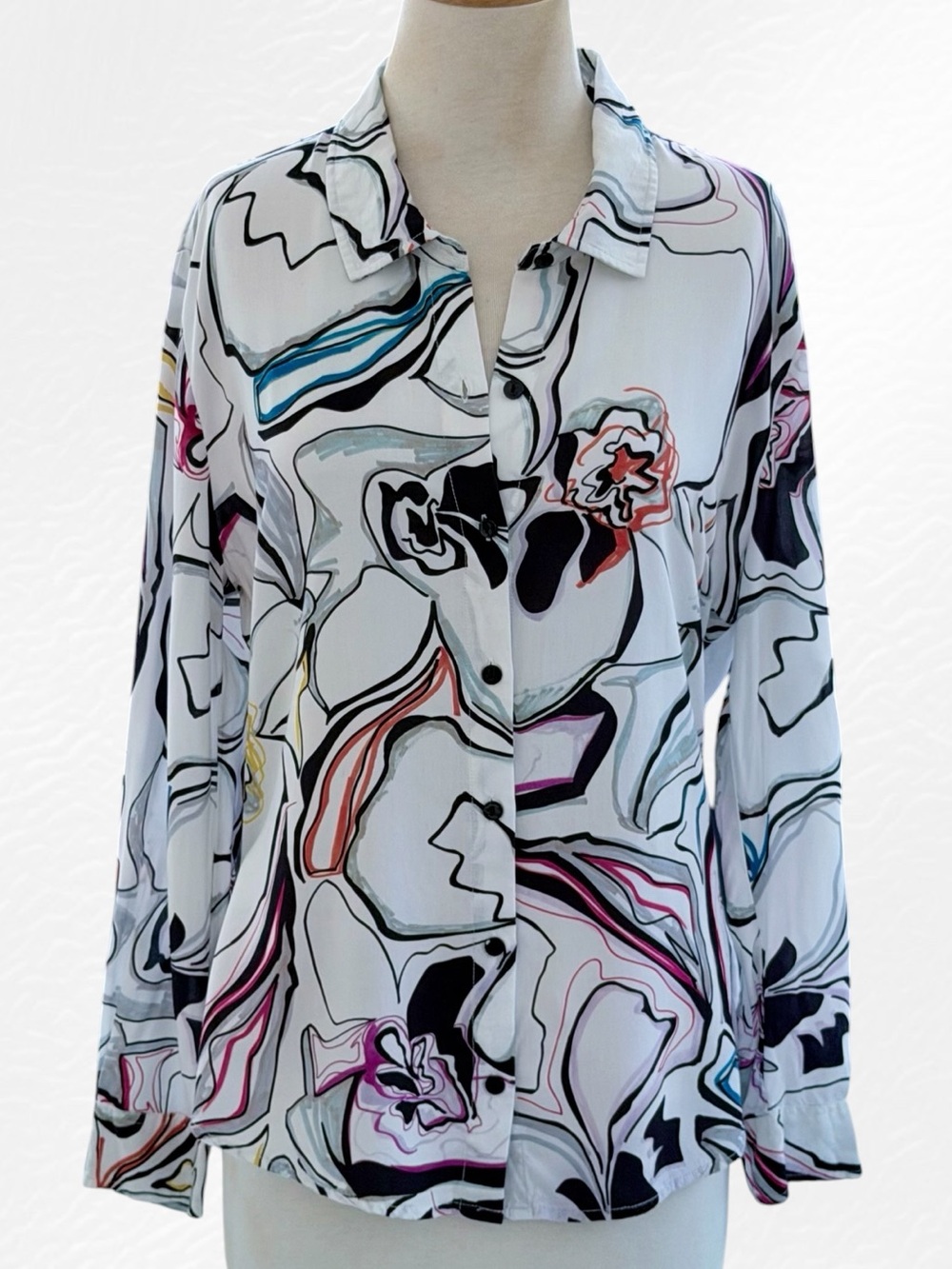 Liverpool White Multi-Color Abstract Floral Long Sleeve Button Front Shirt, M
